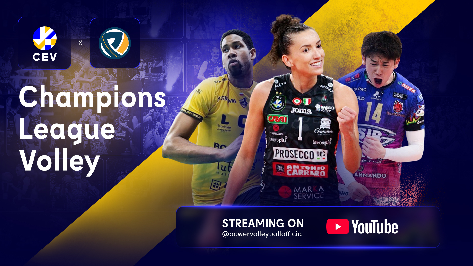 Volleyball players in action during a CEV Champions League match, symbolizing the digital reach.