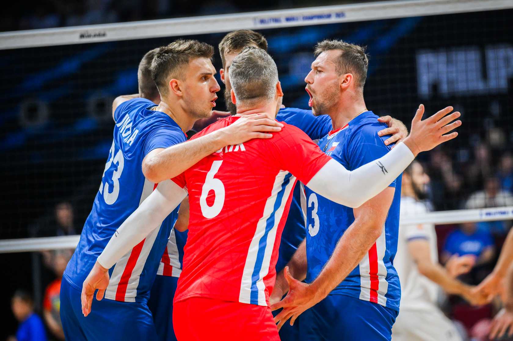 Czechia Men`s Volleyball Team celebrating a match point at the World Championship 2025 quarterfinals.