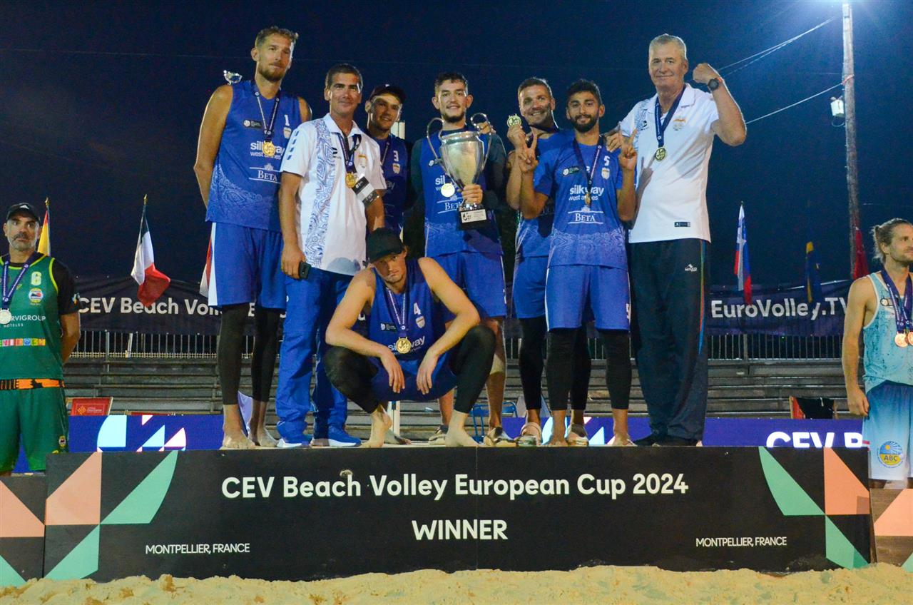 Azerrail men's team celebrating victory at a previous CEV Beach Volley European Cup event.
