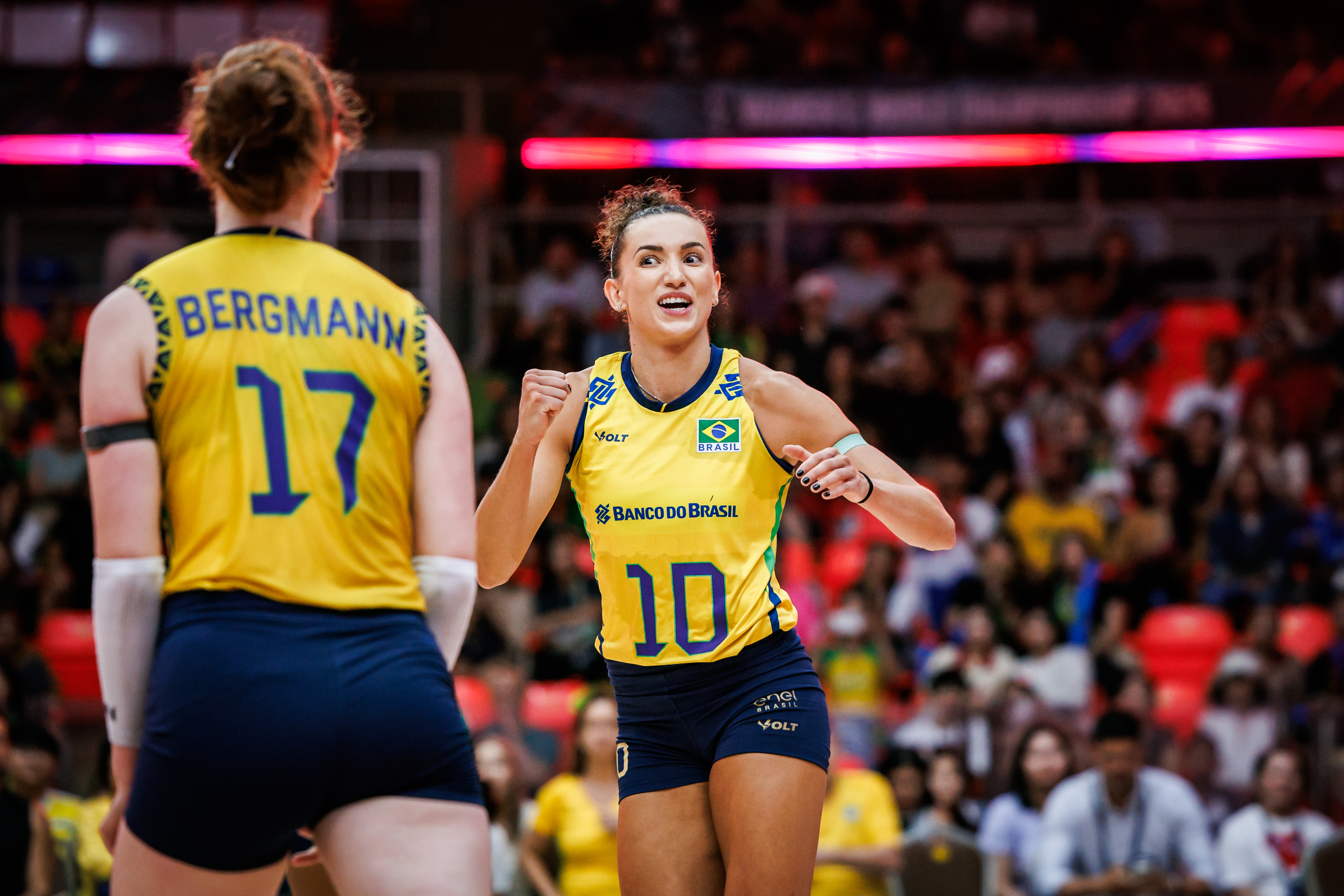 Brazilian national volleyball team in action during their match