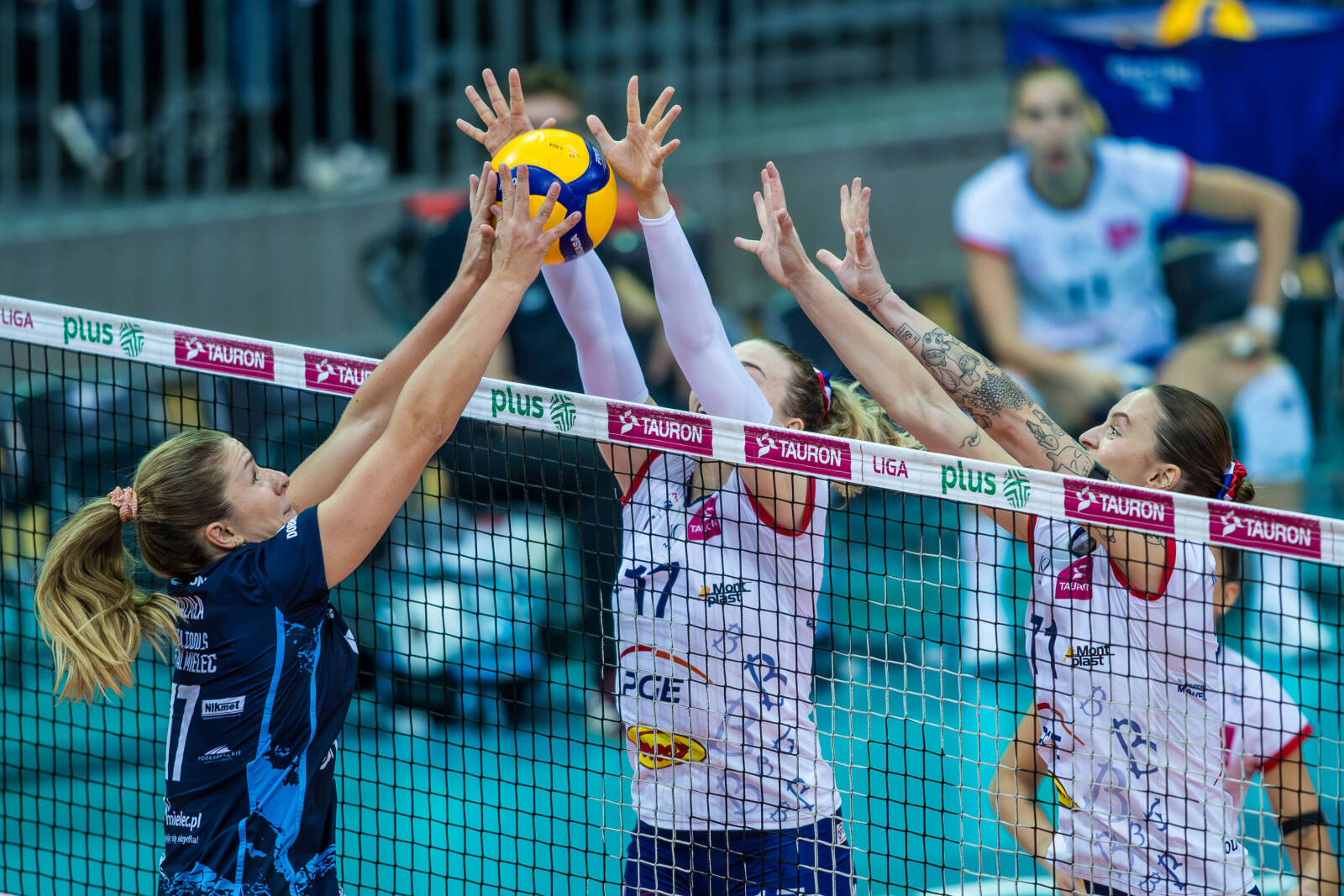 Volleyball team huddle during a timeout in a match