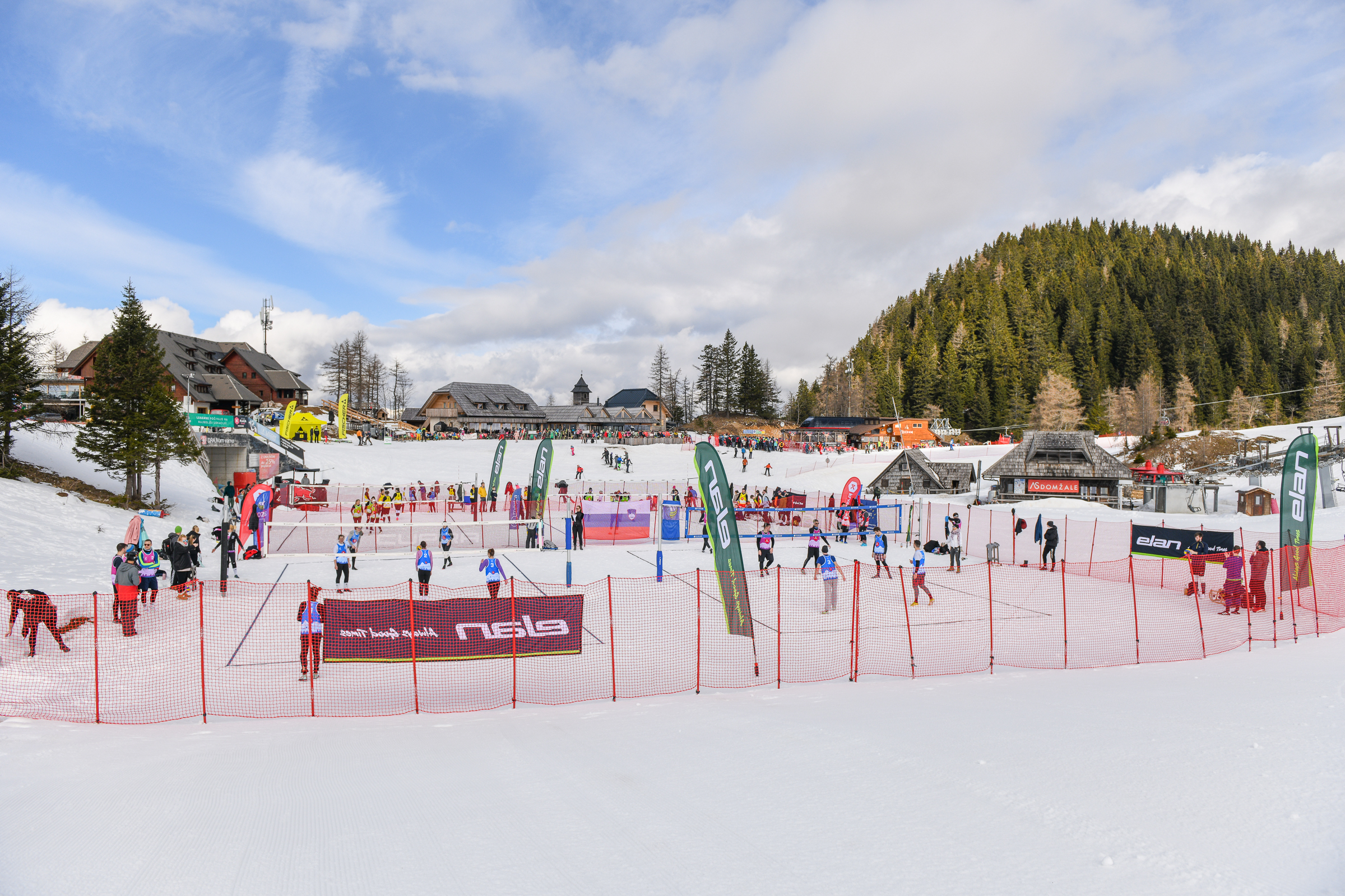 A snowy landscape showing snow volleyball courts at Krvavec Ski Resort.