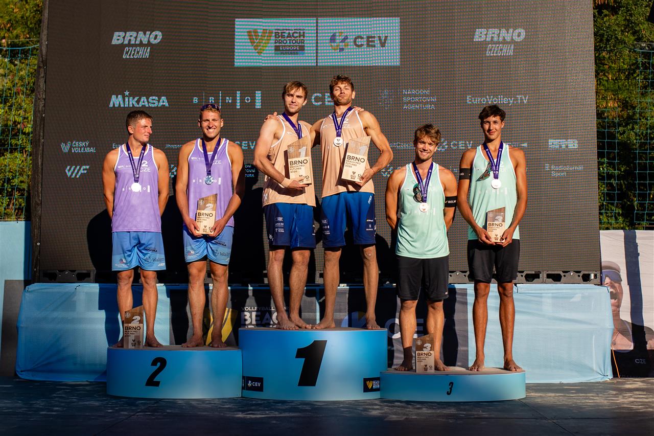 Men`s podium ceremony at Brno Beach Pro Tour Futures, with Jakub Šépka and Jiří Sedlák on the top step.