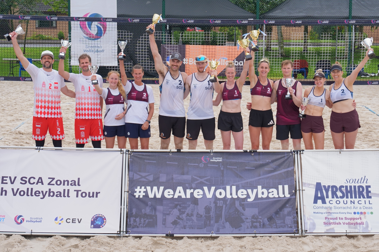 Medal winners from the SCA Zonal Beach Volleyball event in Ayr, Scotland
