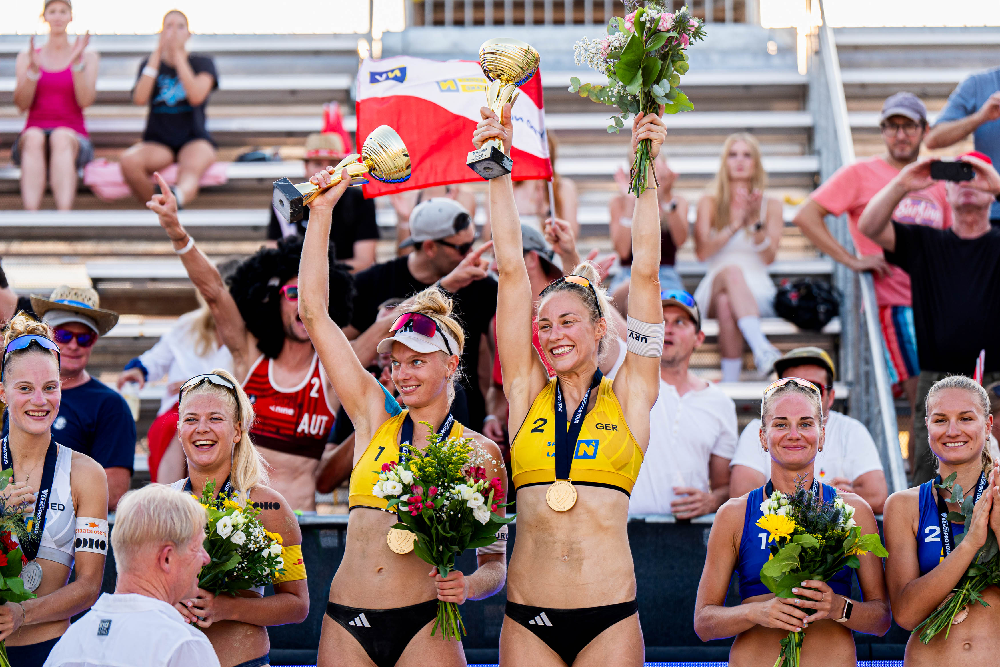 German players Linda Bock and Louisa Lippmann on the women`s podium in Baden, with Dutch and Ukrainian teams.