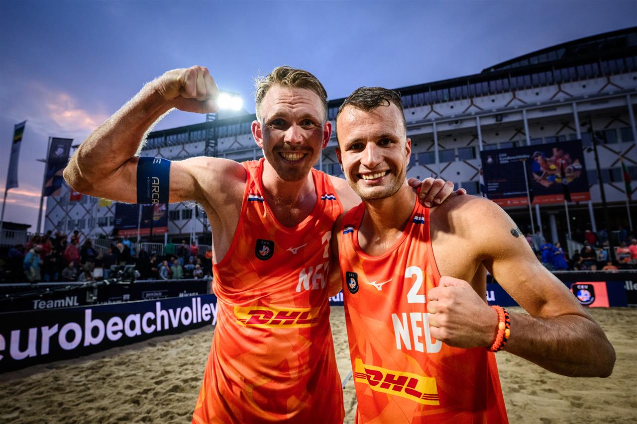 Paris Olympians Stefan Boermans and Yorick de Groot in beach volleyball action