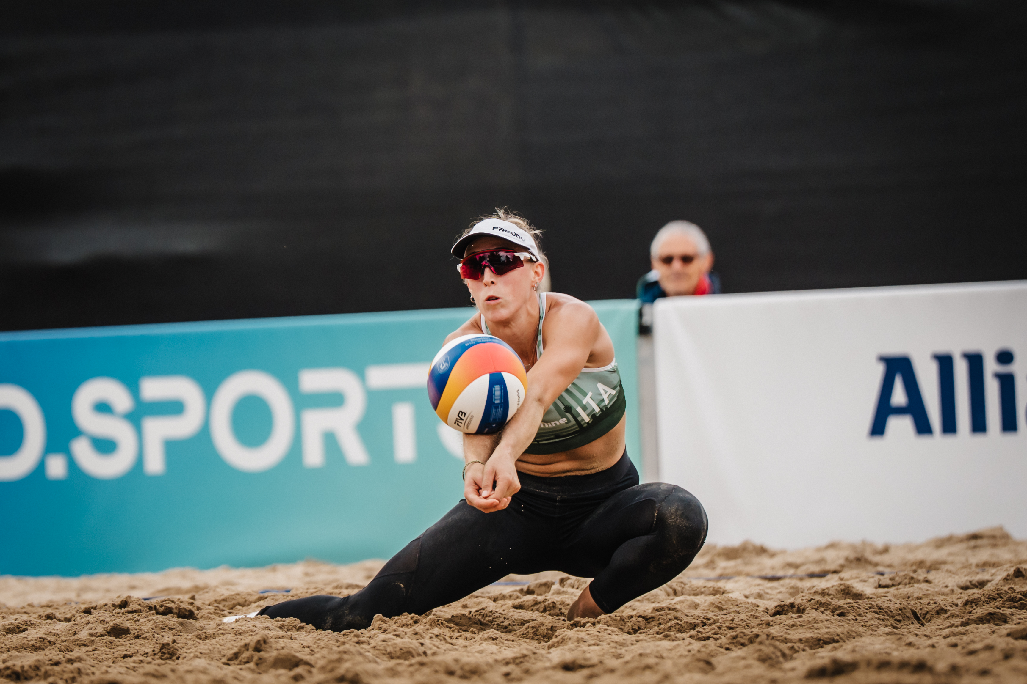 Reka Orsi Toth making a defensive play in her first EuroBeachVolley match.