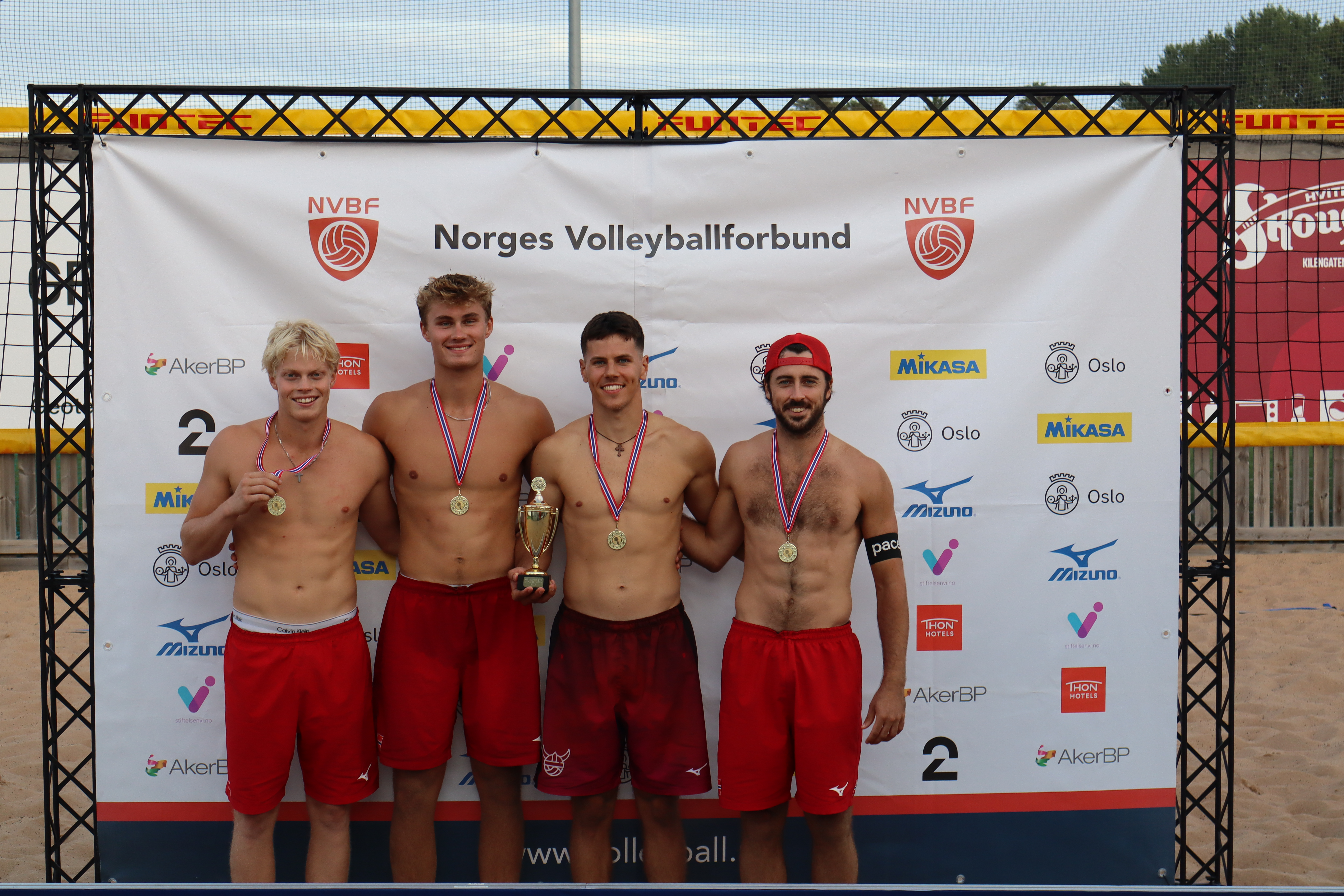 Kristiansand SK men`s team celebrating their victory at the Norwegian Beach Volleyball Club Championship