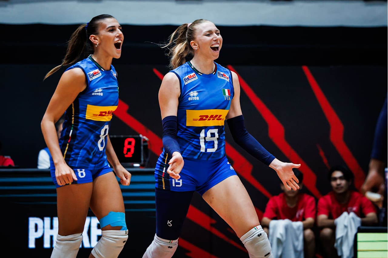 Paola Egonu of Italy spiking the ball during a volleyball match.