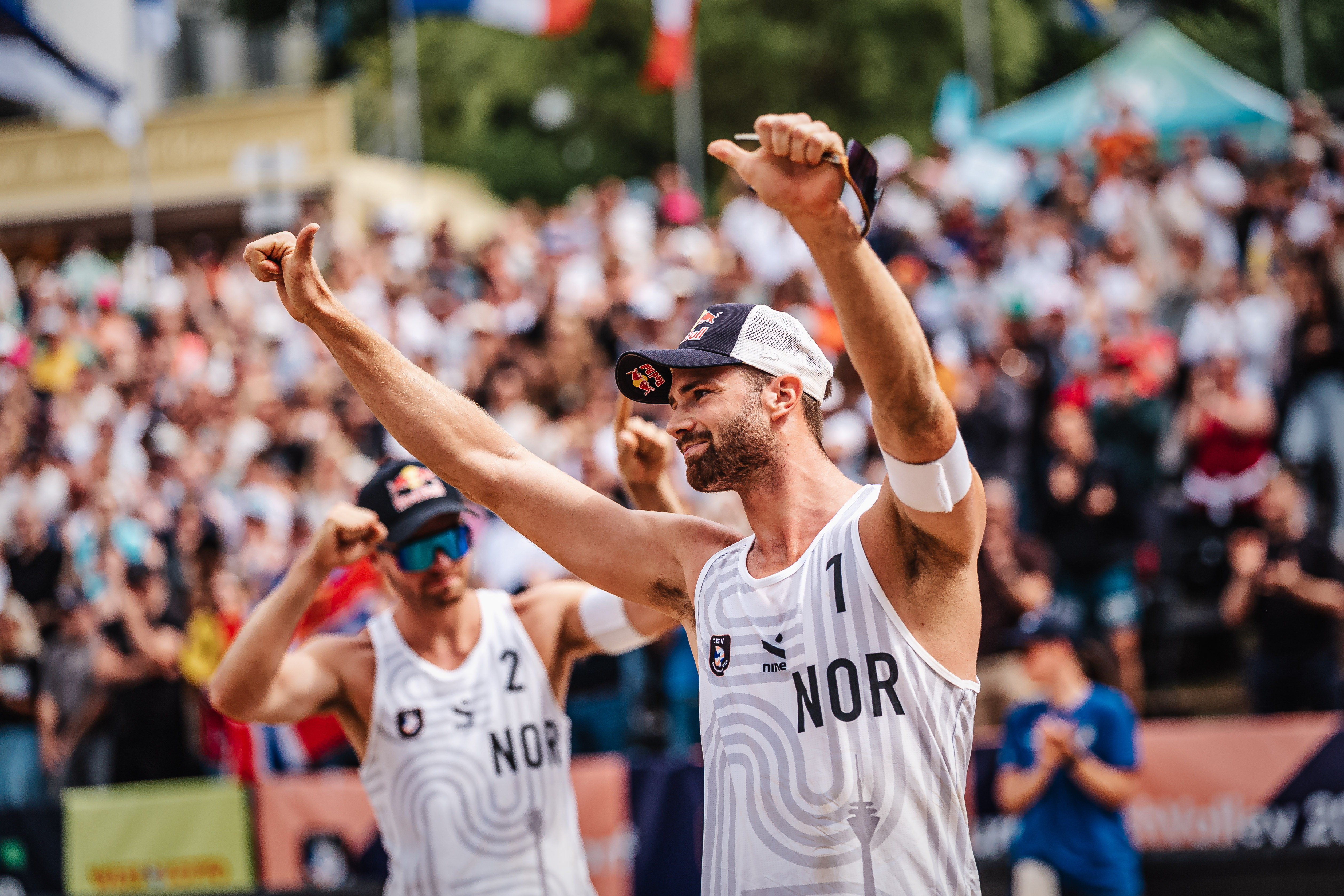 Anders Mol and Christian Sørum celebrating their EuroBeachVolley 2025 victory.