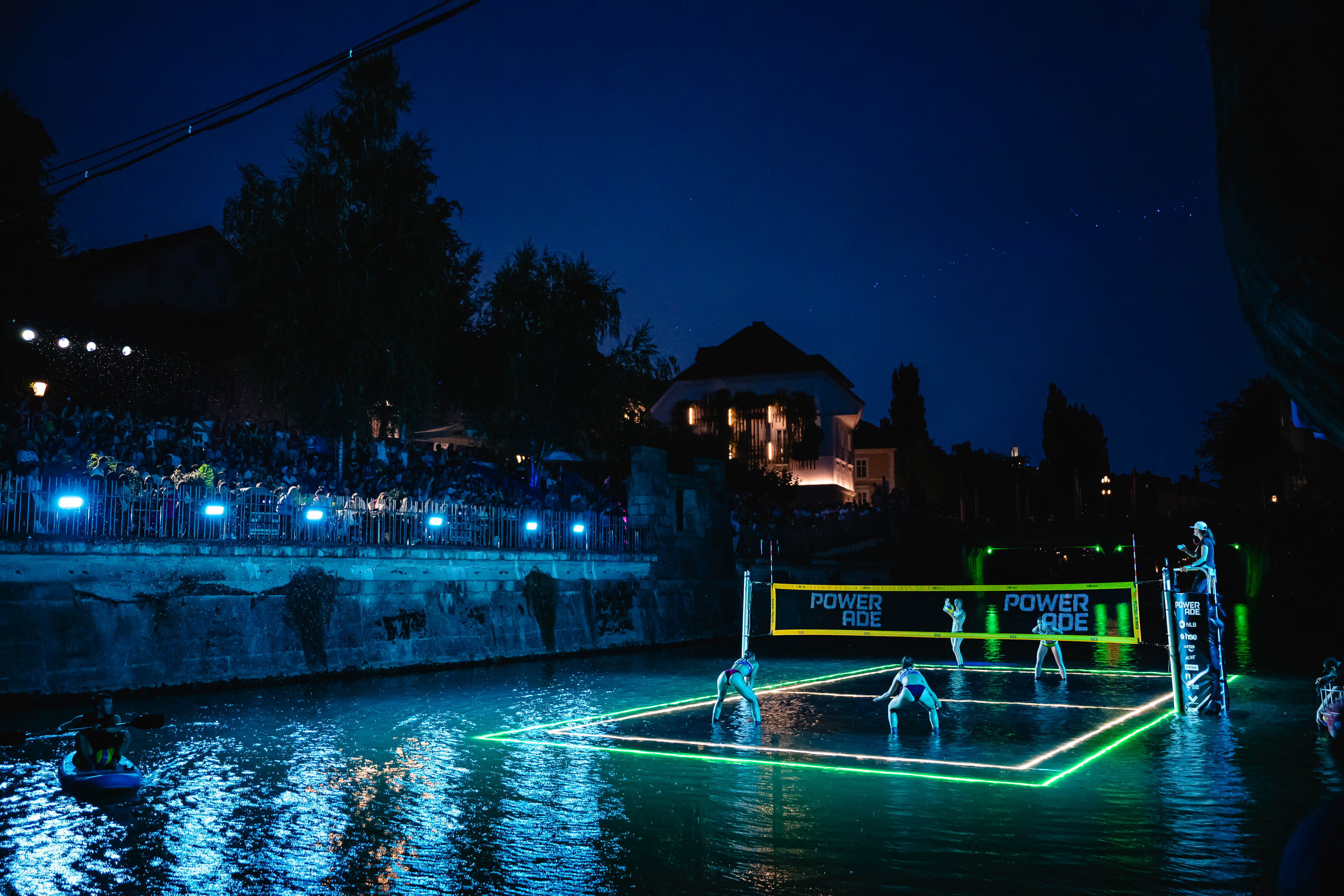 Volleyball on Water floating court on the Ljubljanica river in Ljubljana.