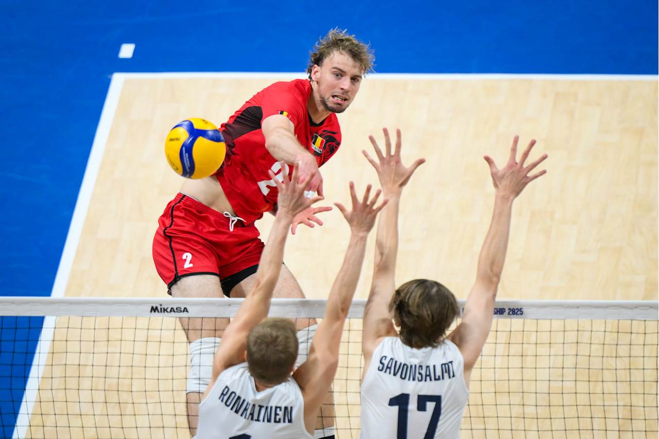 Belgium Men`s Volleyball Team in action during a match at the World Championship.