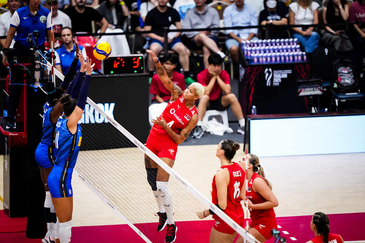 Italian women`s volleyball team celebrating their victory.