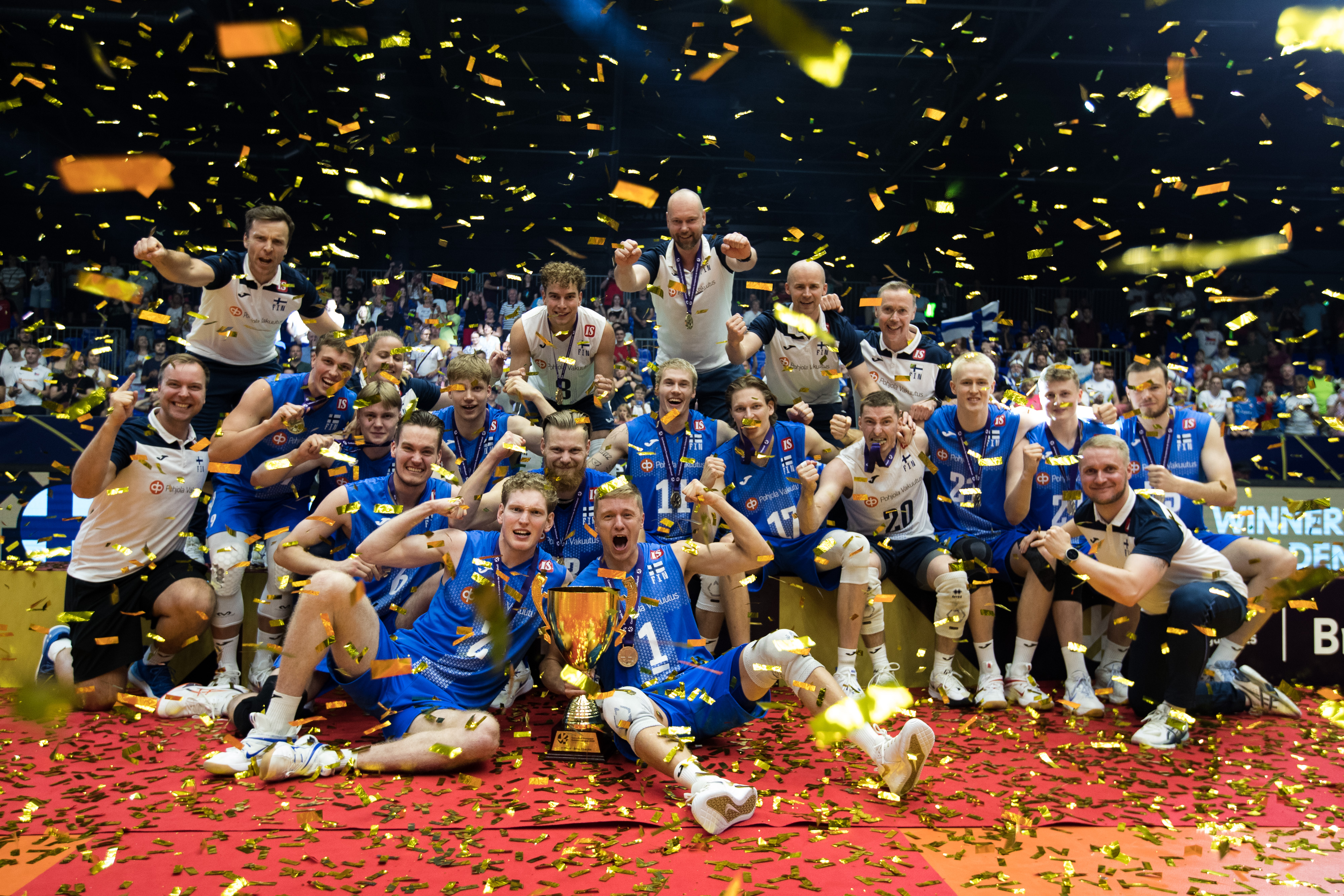 Finland men`s volleyball team celebrating their win