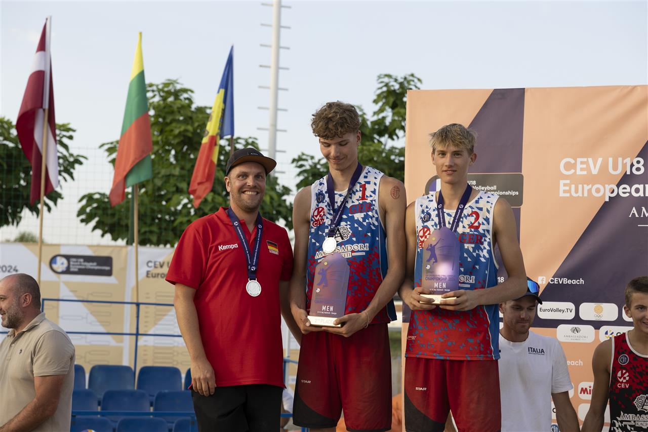 German Jonathan Bungert (left) and partner at U18 EuroBeachVolley