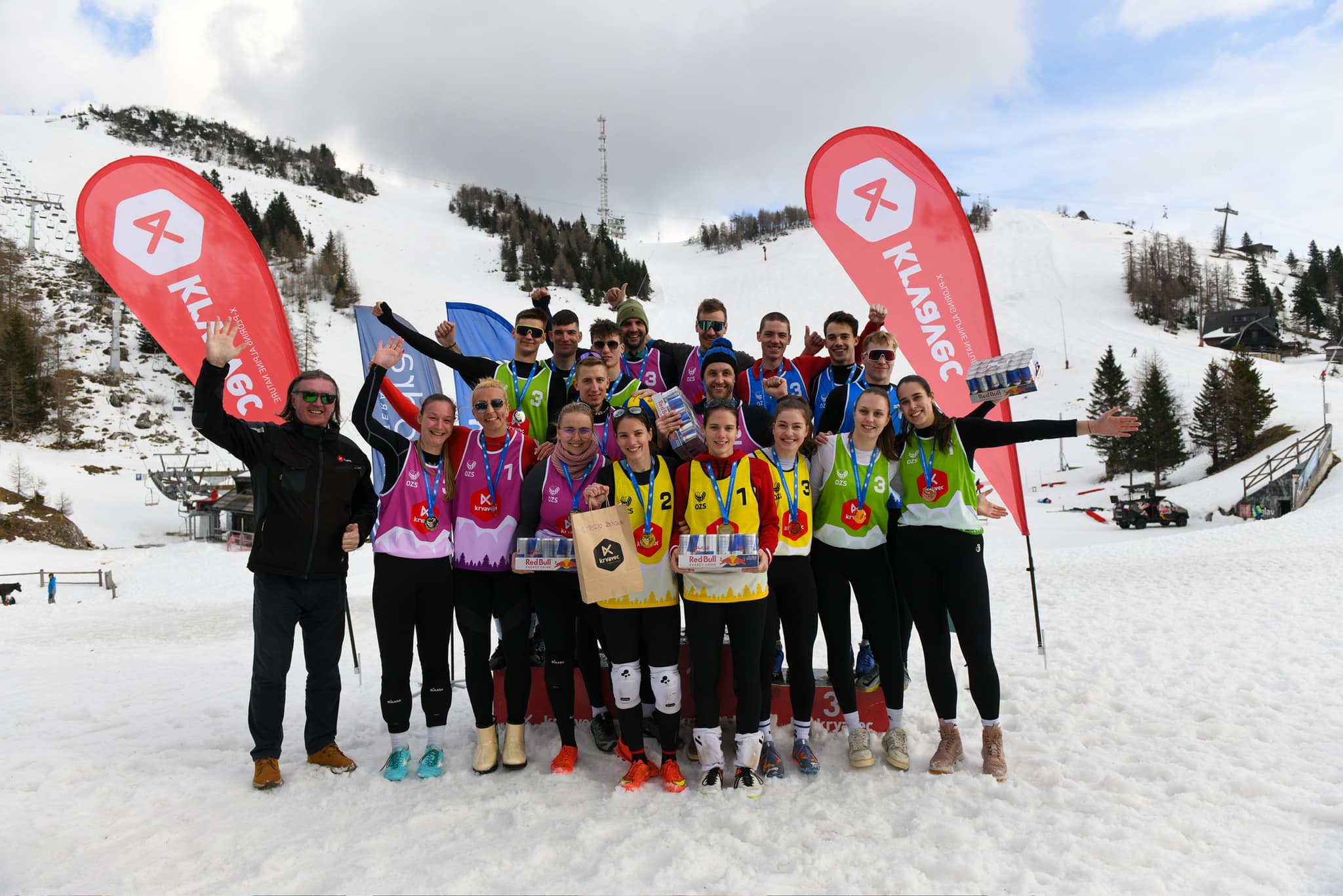 Group photo of all medallists at the 2024 Slovenian Snow Volleyball Championships at Krvavec Ski Resort.